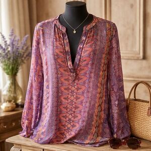 Kas Anthropologie‎ M Sheer  Blouse Size M Dashiki Tribal Purple Red Orange NEW